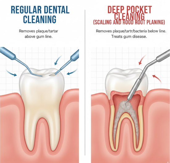 الفرق بين تنظيف الأسنان العادي والعميق